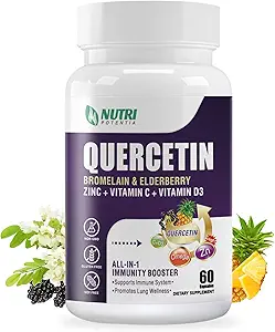 Quercetin avec Bromelain, Quercetin 500mg Capsules, Vitamine C & D3, Zinc et Elderberry - Supplément avancé de soutien respiratoire et immunitaire pulmonaire - 60 Capsules