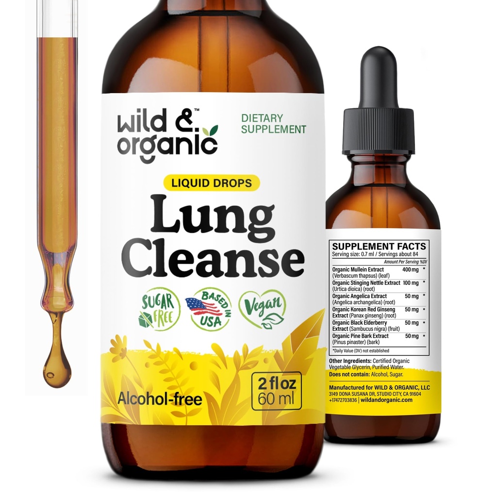 Wild & Organic Lung Cleanse Tincture - Mullein Leaf Extract for Lungs - Herbal Detox Supplements - Vegan, Sugar & Alcohol-Free Mullein Drops - 2 fl oz
