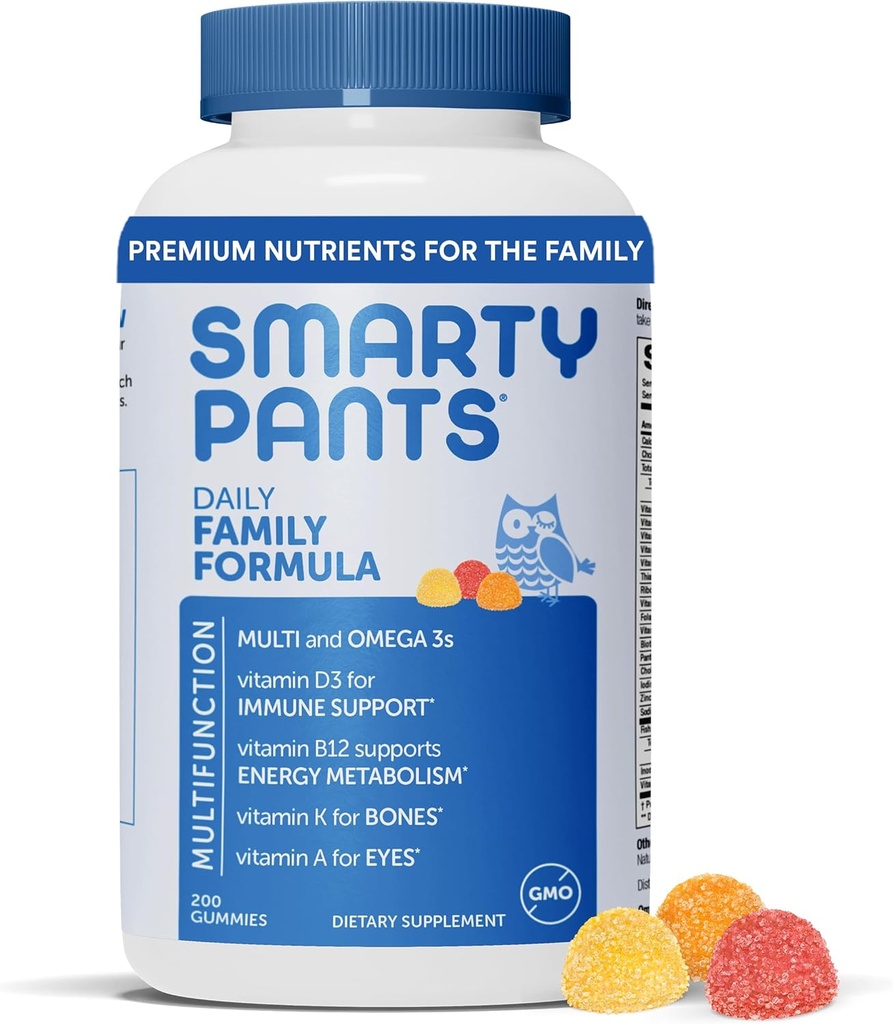 SmartyPants Multivitamin per uomini, donne e bambini: Vitamine Gummies con Omega 3 Fish Oil (EPA/DHA), Methylfolate, Vitamina D3, C, Vitamina B12, B6, Vitamina A, K & Zinc, 200 Conte (30 giorni di alimentazione)