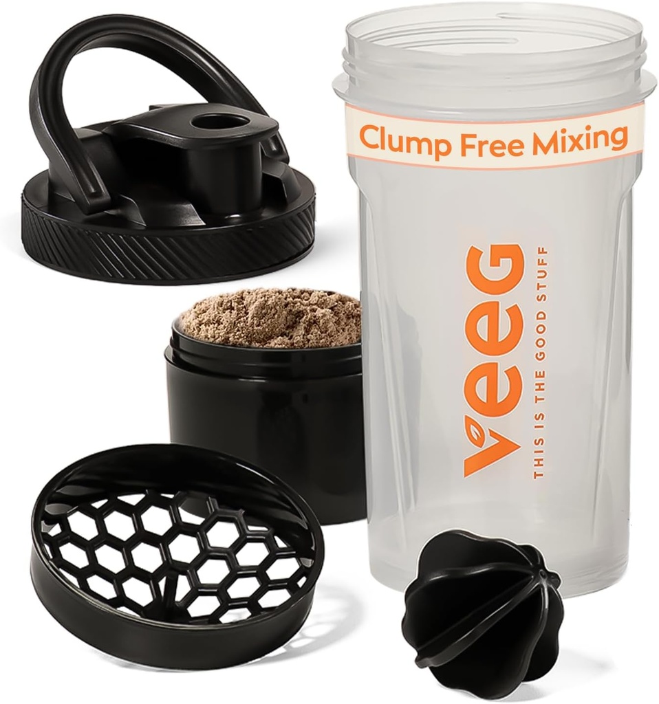 Bouteille Veeg Shaker pour mélanges protéiques, Bouteille Protein Shake avec boule de mélange, filtre, compartiment de stockage. Bouteille de shaker de gym de 24 oz, Poignée de transport. Sans BPA, étanche, lave-vaisselle.