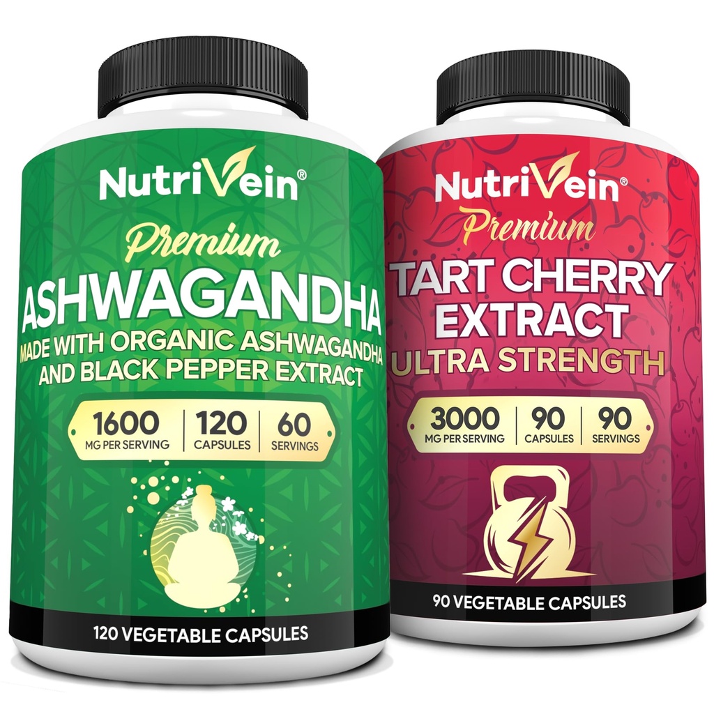 Nutrivein Premium Ashwagandha Kapseln & Tart Cherry Kapseln Bundle: High-Absorption Tart Cherry Extract und Ashwagandha Ergänzungen für Erholung, Balance und Vitalität