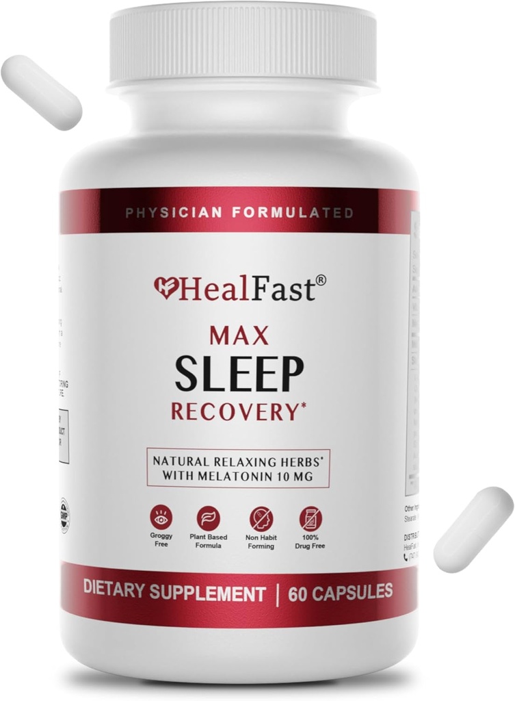 HealFast Physician formule Max Sleep Aid with Extra Strength Melatonin 10mg - Dissolution rapide - Aide naturelle au sommeil pour les adultes - Mélatonine Pills - Herbes, acides aminés et mélatonine - 60 Ct