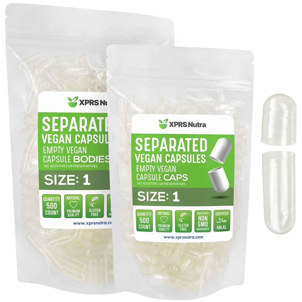 XPRS Nutra Vegan Größe 1 Getrennte Kapseln - 500 Count Premium Leer Kapseln Getrennt in Taschen - Klare Pillen 1 Leer für DIY Ergänzung Füllung