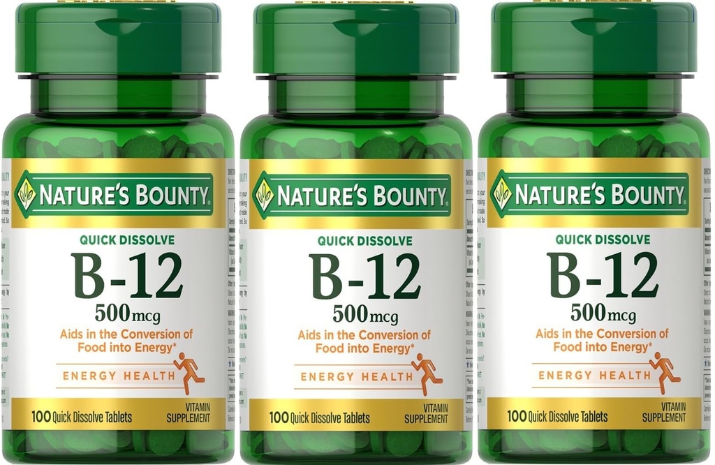 Bounty B-12 Tavole di dissolve rapida 500 Mcg, 300 compresse (3 X 100 Conte Bottiglie)