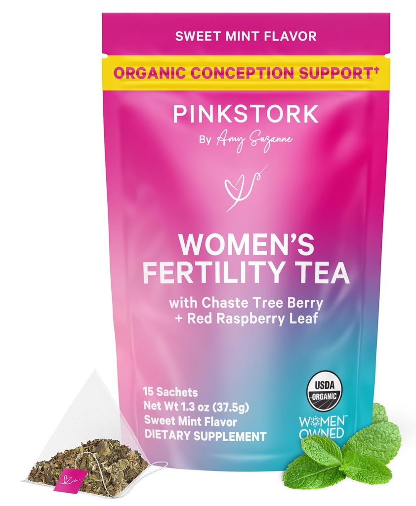 Pink Stork Bio Fruchtbarkeit Tee für Frauen | Fruchtbarkeit Ergänzungen für Frauen mit Chaste Tree Berry (Vitex) + Red Raspberry Leaf | Hormone Balance Kräutertee für Empfängnis Unterstützung | USDA Organic, Koffeinfrei - Sweet Mint, 15 Sachets