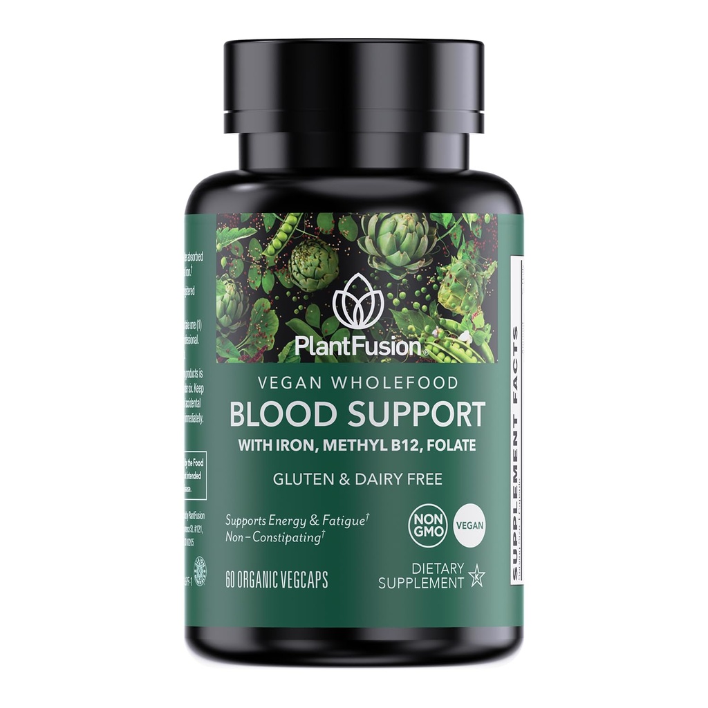 PlantFusion supplément de fer végétalien pour les femmes et les hommes - Fer doux à base de plantes avec vitamine C, méthyl B12, Folate - Non constipant, Pills de fer entier pour l'énergie, l'anémie et le soutien du sang, 60 capsules
