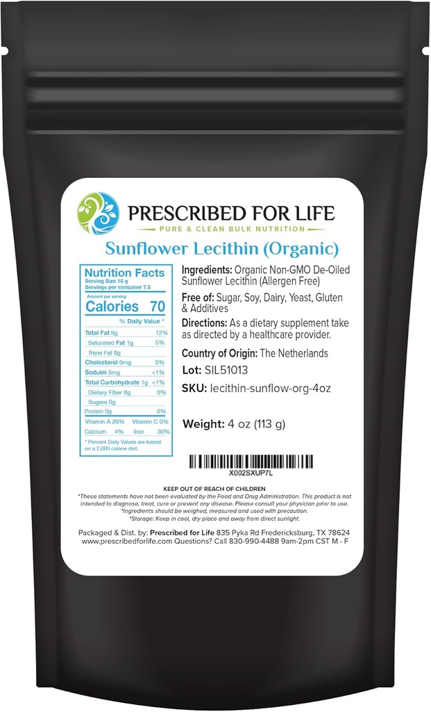 Verschrieben für Leben Bio Sonnenblume Lecithin Pulver, Natürlich, Glutenfrei, Vegan, Non GMO, Soy Free, Kosher, Lecithin Supplement Reich an Choline & Essential Fatty Acids (4oz / 113g)