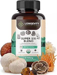 Bio Super Six Pilz Mischung Kapseln Ergänzung (90) | Fruchtkörper Extrakt Complex | Lions Mane, Türkei Tail, Cordyceps, Reishi, Chaga & Tremella | 35% Beta-D Glucans | Gesamt Wellness Unterstützung