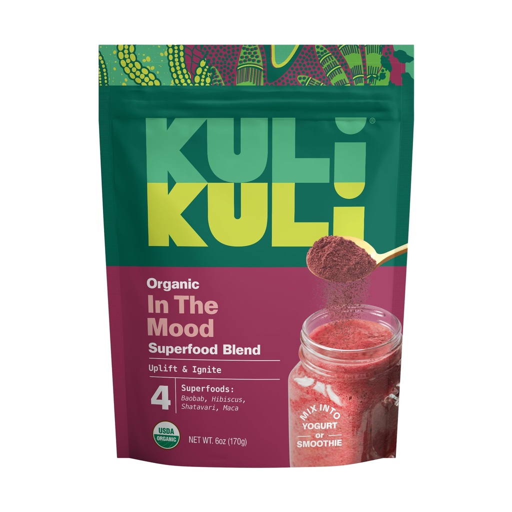 Kuli Kuli Mood Magie 6 oz Poudre de suralimentation biologique - Mélange puissant de Maca, Baobab, Hibiscus et cannelle - Mélange de poudre de suralimentation pour l'humeur, réduction du stress, fonction cognitive