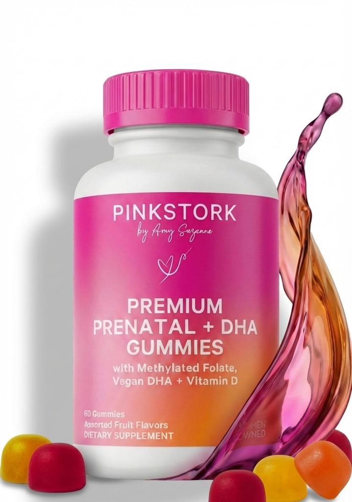 Pink Stork Premium Vitamines gommy prénatales avec DHA, folate et vitamine D - Mélange multivitamines et nutriments pour le développement du tube neural et du cerveau foetal - La grossesse doit avoir - 60 Gommies végétaliens
