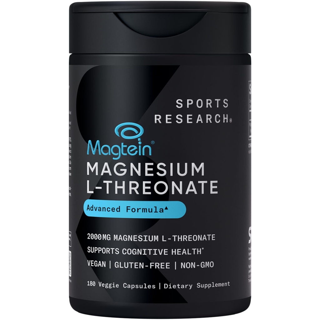 Ricerca sportiva Magtein Magnesio L-Threonate Capsule - Magnesio Supplemento per Memoria, Focus & Cognizione - Magnesio L Threonate Supporta la salute del cervello, Sonno & Mood- 2000mg, 180 Capsule per adulti