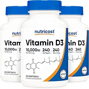 Nutricost vitamine D3 10 000 UI, 240 capsules de gel doux (3 bouteilles)