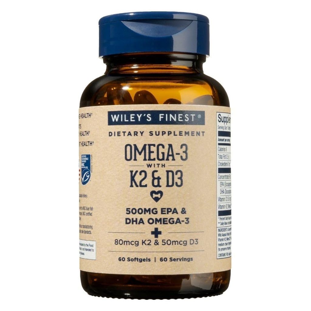 Wiley's Finest Wild Alaskan Fish Oil Vitamin K2 & D3 Softgels - 500mg EPA und DHA Omega-3s für Knochen- und Herzgesundheitsunterstützung - 60 Softgels (60 Portionen)