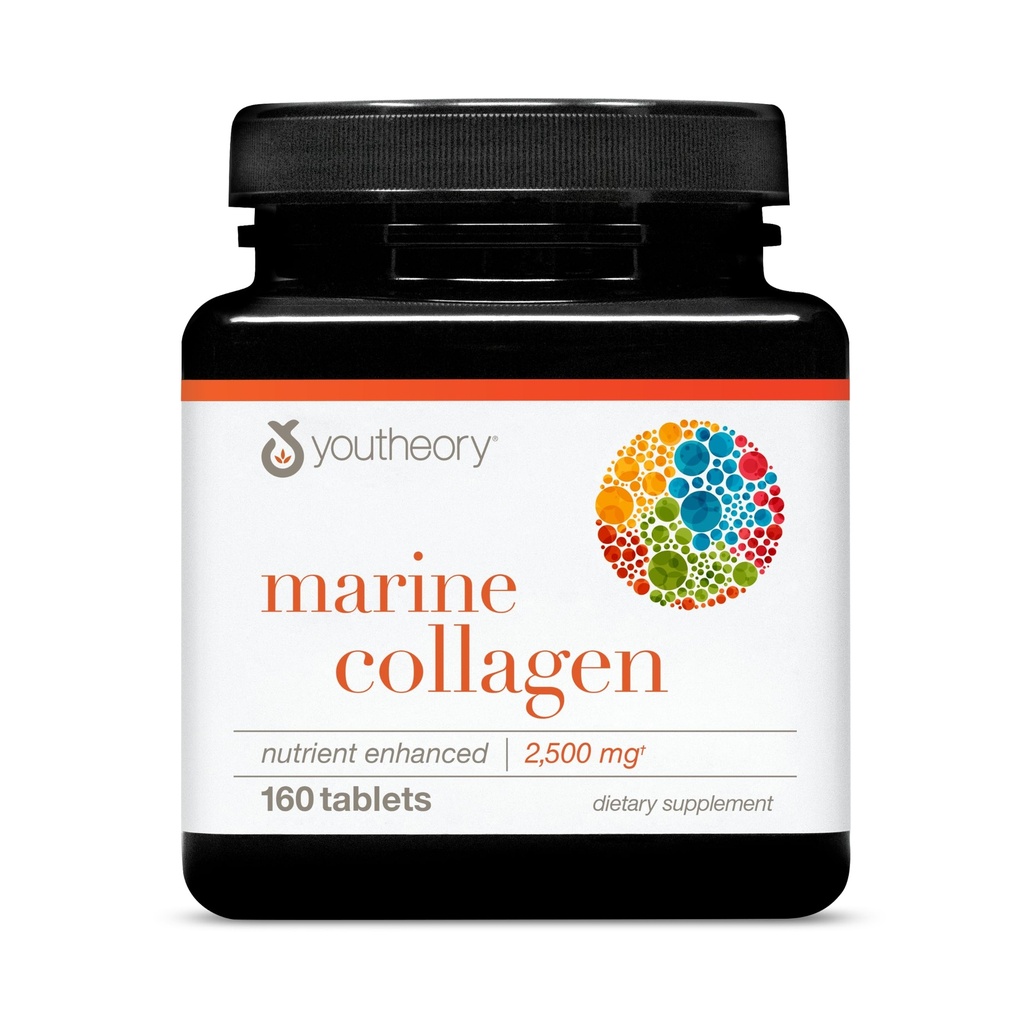 Comprimés de collagènes marins de Youtheory - 2 500 mg de peptides de collagène à base de poisson- avec des vitamines A, C, E, B6 et B12 - Soutient la santé des articulations et des ongles* - Très absorbant - 160 comprimés (approvisionnement de 32 jours)