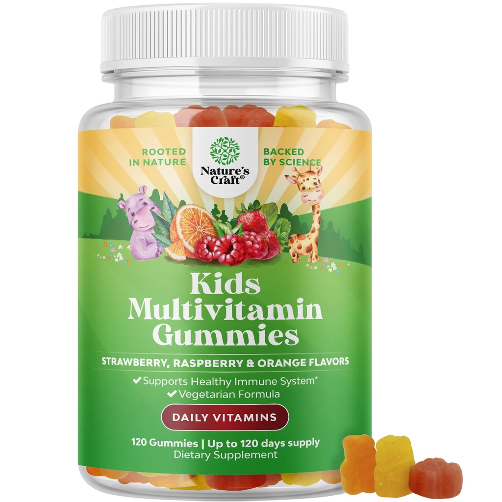 Natures Craft Plant Based Kids Multivitamin Gummis - Multivitamin für Kinder Immunität unterstützen Gummis mit Vitaminen A C D3 E B und Zink Gelatine und glutenfreie Non-GMO Vitamine Gummy Formel 120ct