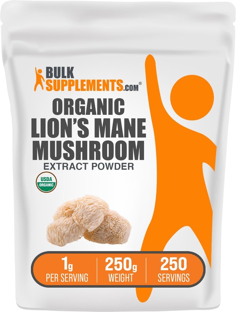 BulkSupplements.com Bio Lion's Mane Mushroom Extract Powder - Lions Mane Supplement Powder, Superfood für Wohlbefinden - Vegan, 1g pro Servierung, 250g (8.8 oz) (Pack von 1)