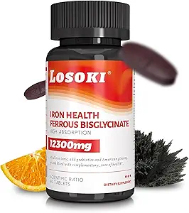 Losoki Eisen Bisglycinat 20 mg mit Vitamin C, B12 American Ginseng & Probiotics, Gentle on The Stomach, unterstützt Energieeffizienz - Non GMO, 60 Tabletten