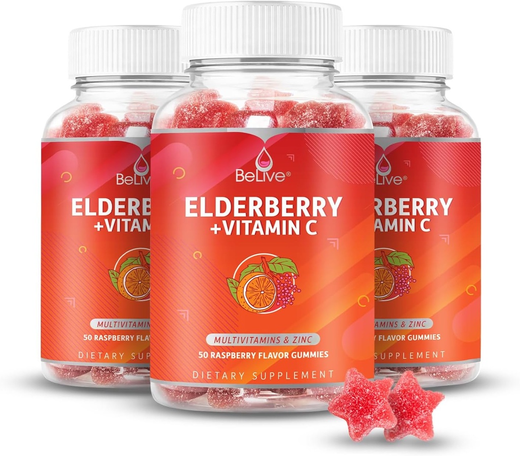 BeLive Elderberry Gummies mit Zink und Vitamin C - Immununterstützungsergänzung mit Vitamin D, A, E, B12 - Gummi für gesunde Knochen & Zähne, Vegan, Keto & Non-GMO - Raspberry Flavor | 3-Pack