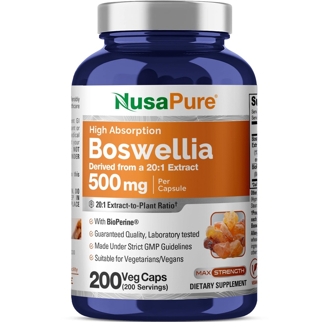 NusaPure Boswellia Serrata 10 000 mg Par Veggie Caps 200 Comte (Ext. 20:1, Non-OGM, Vegan, Bioperine) Herbe ayurvédique: Oliban indien, Francencens