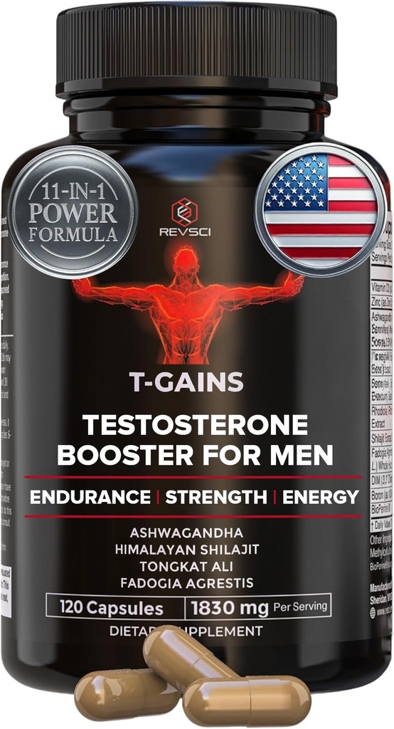 Booster anabolique et constructeur de muscles, supplément de testostérone T-GAINS pour les hommes, booster de test TRT et bloqueur d'estrogen, suppléments HGH pour les hommes - Tongkat Ali Fadogia Agresti pour la croissance musculaire, 120 capsules