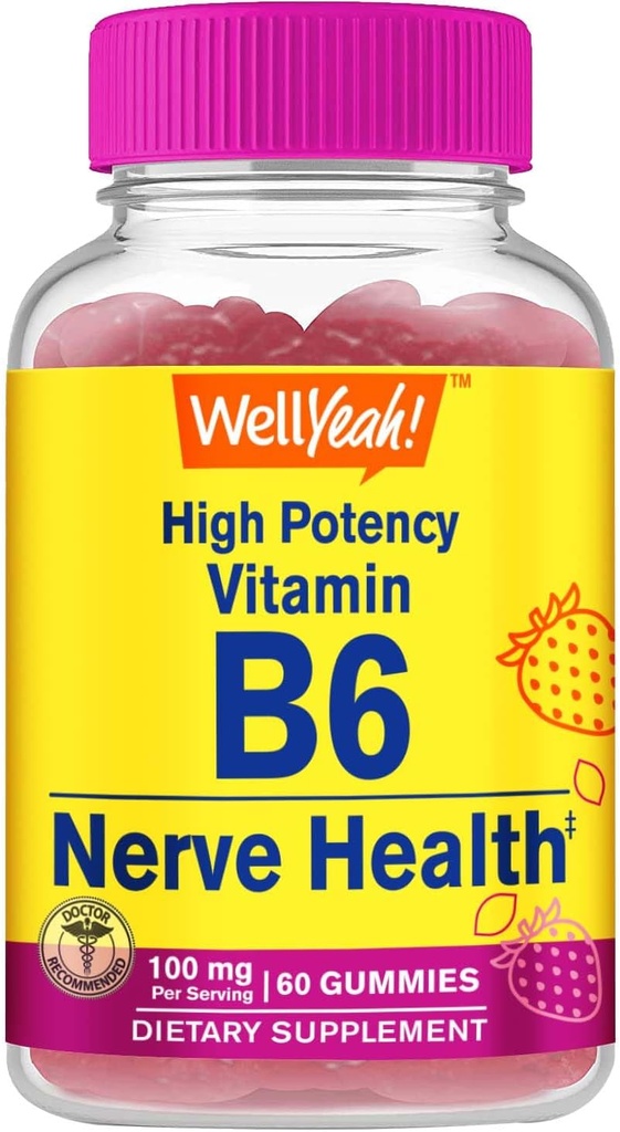 Eh bien oui haute puissance vitamine B6 Gummies - favorise la santé nerveuse, la fonction cognitive, la régulation de l'humeur, le soutien immunitaire et la santé cardiovasculaire - végétalien, non-OGM, sans gluten - 60 Compte