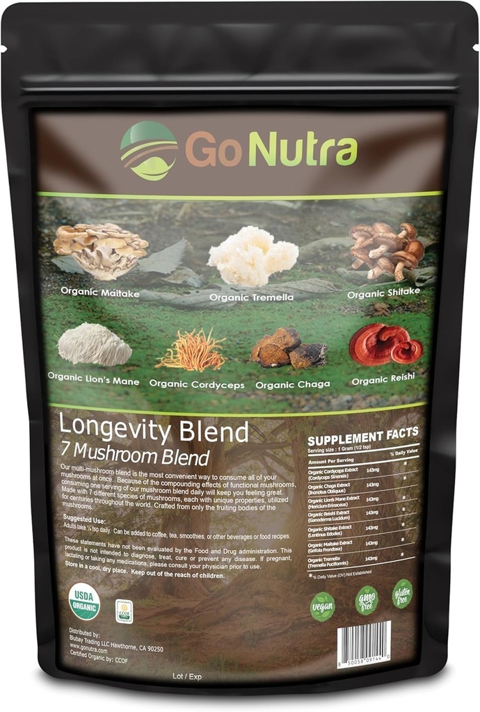 Go Nutra - Supplément de champignons 7 biologiques, poudre de champignons de longue durée avec la Mane de Lion, Chaga, Shiitake, Maitake, Reishi, Tremella et Cordyceps Champignon, Non-OGM, Sans gluten, Vegan, 8 oz