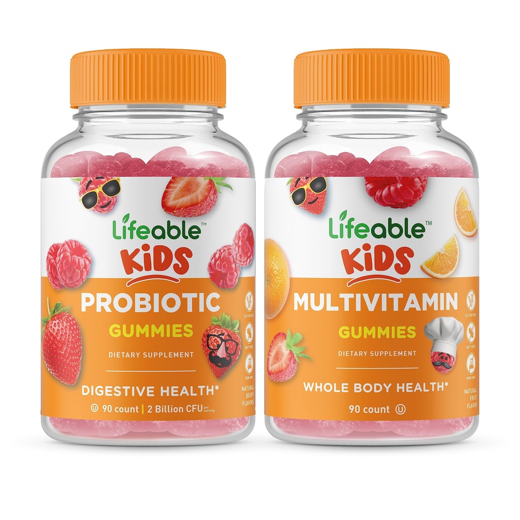 Probiotico Lifeable 2 miliardi di CFU Bambini + Multivitaminici Bambini, Gummies Bundle - Grande degustazione, Supplemento di vitamina, Senza glutine, OGM libero, pancia masticabile