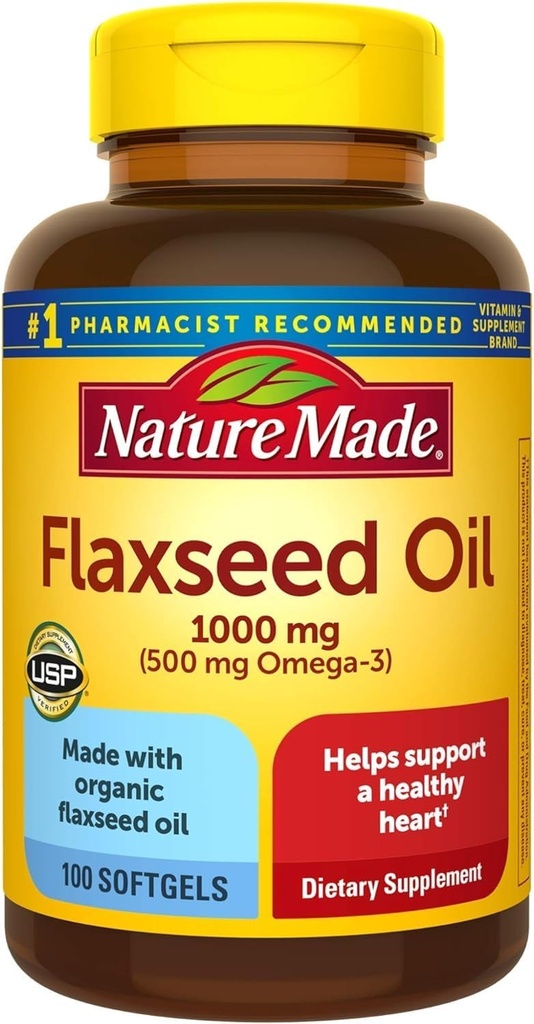 Natur Made Flaxseed Oil 1000 mg, Fish Free Omega 3 Supplement, Nahrungsergänzung für Herzgesundheit Unterstützung, 100 Softgel, 100 Tage Versorgung