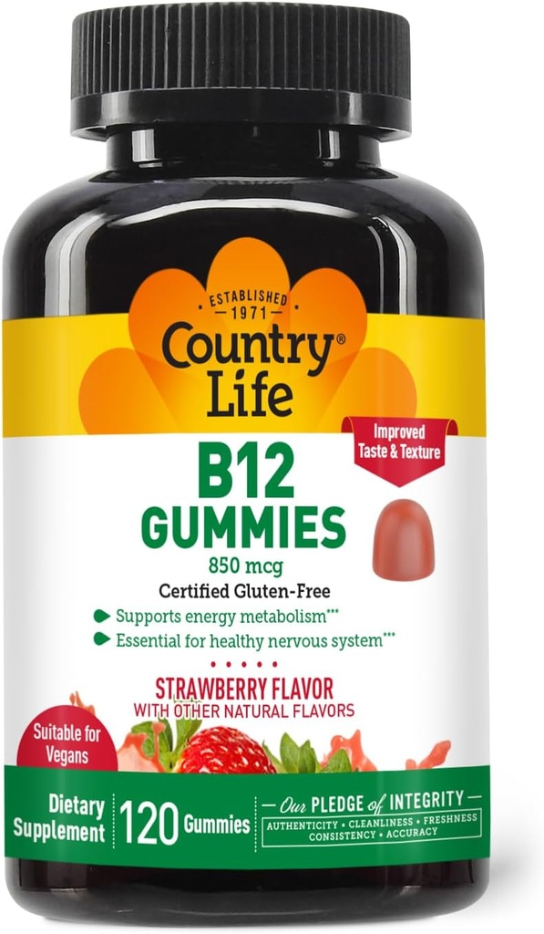 Vita di campagna Vitamina B12 Gummies – 850 mcg Cyanocobalamin, 120 Conte – Vegan, Gluten-Free Gummy Supplement per il Metabolismo Energetico & Nervous System Support – Natural Strawberry Flavor, 2g Zucchero