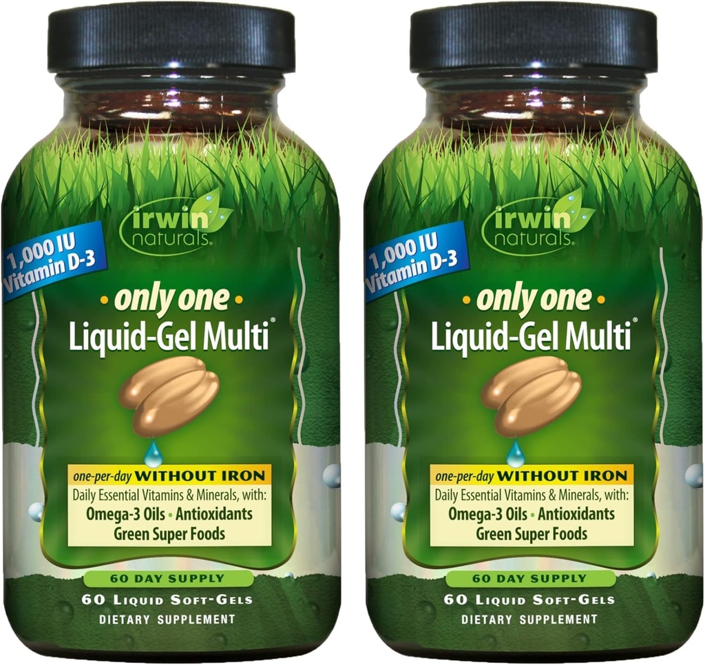 Irwin Naturals Only One Liquid-Gel Multi Without Iron – 60 Liquid Soft-Gels – Daily Essential Nutrient Support - 2 Pack