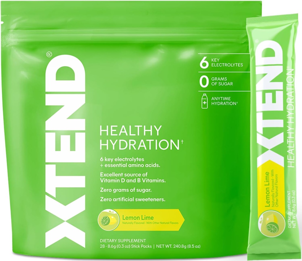 Xtend XTEND Hydratation saine : packs de poudre d'hydratation supérieure : mélange de boissons électrolytes : 3 acides aminés essentiels : NSF certifié pour le sport : 28 bâtons, citron Lime
