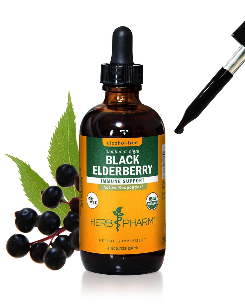 Herb Pharm Certified Black Elderberry Liquid Extract for Immune System Support, Glycérite sans alcool, 4 Once