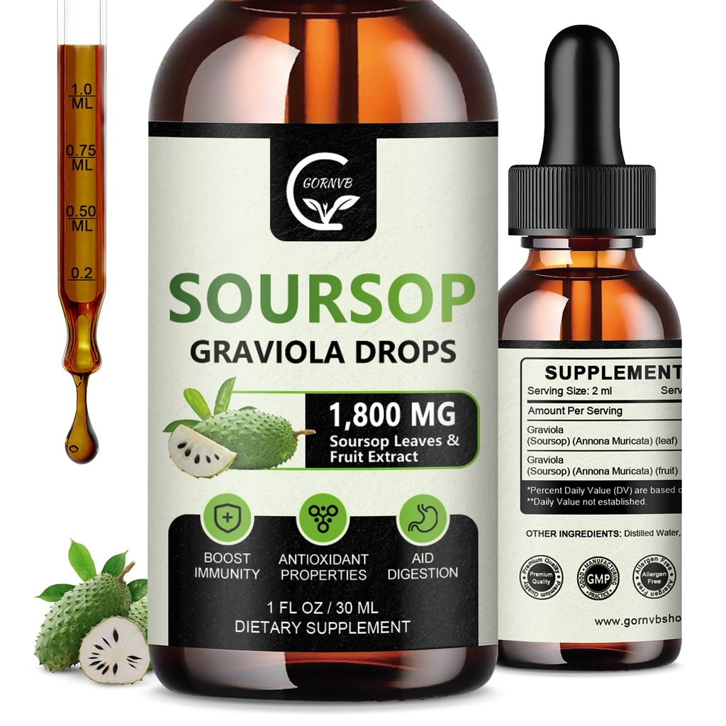 (2 Pack) Soursop Graviola Liquid Drops 1800mg, 98% assorbente Soursop Bitters liquido per il supporto cellulare e rigenerazione, Boost immunitario, relax, fegato e sonno, bontà erbacea, senza glutine, 1 Fl Oz