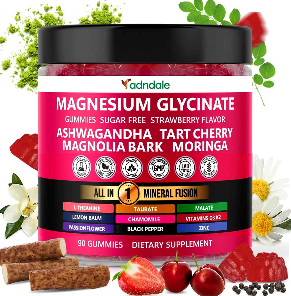 Adndale 90ct 15-in-1 Magnesium Glycinate Gummies 400 mg/serv- mit Magnesium Malate, Ashwagandha, Tart Cherry, Magnolia Bark, Lemon Balm, Passionflower, Kamille, L-Theanin, Zink, Vitamin K2 & D3