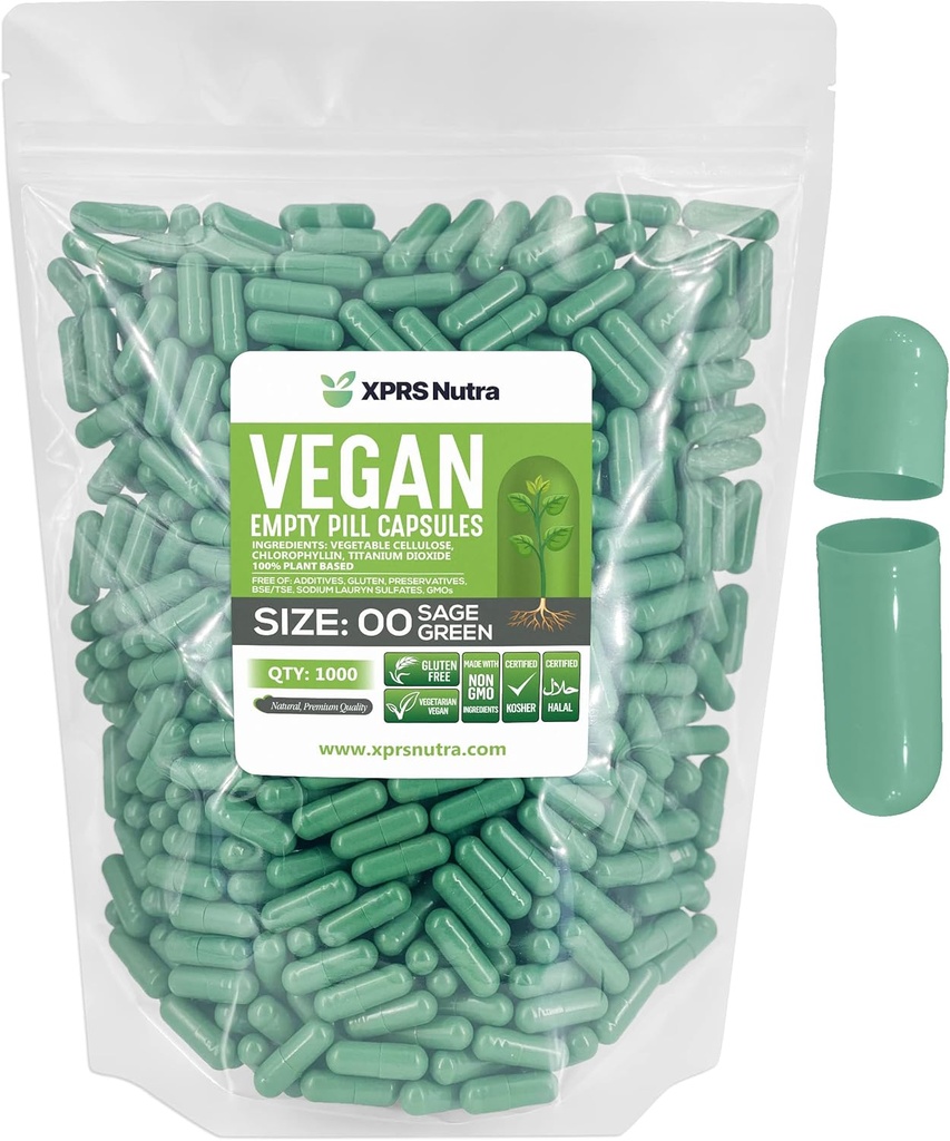 XPRS Nutra Taille 00 Capsules vides - 1000 Compte Capsules vides de végétalien - Pilules vides végétariennes - Bricolage Gélule végétale Remplissage- Caps de pilules végétariennes (vert pour les sages)