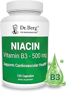 Dr Berg Niacin 500mg avec Flushing pour la santé cardiaque et le soutien énergétique* - 100 jours d'approvisionnement en vitamine B3 Niacin de Dr Berg Acide nicotinique recommandé - 100 capsules