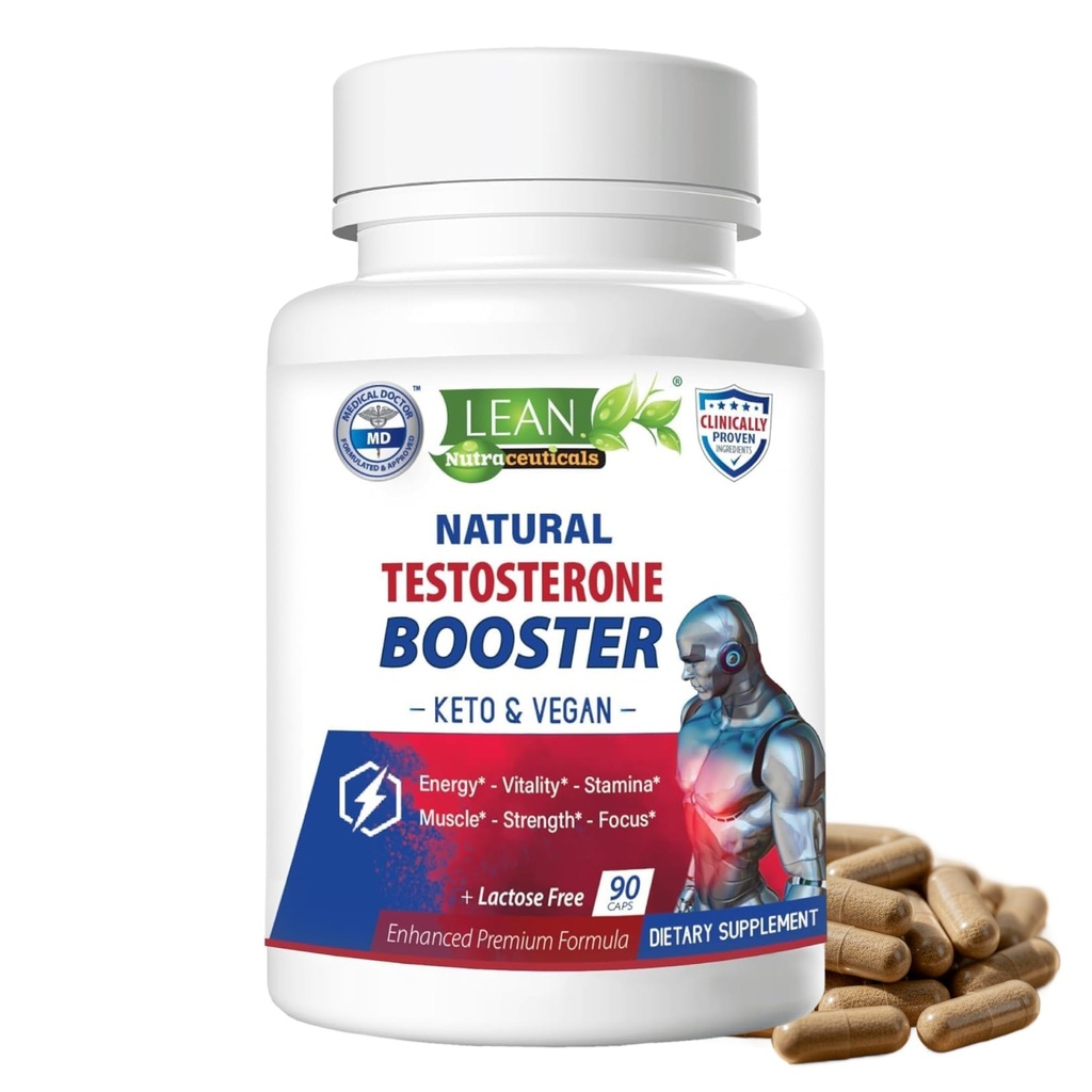 LEAN Nutra Testostérone Booster pour les hommes – supplément végétalien naturel avec Tongkat Ali, DHEA, racine de Maca, Tribulus, herbe de chèvre en chaleur, zinc, bore, acide D-aspartique – Boost Strength, Energy, Muscle – 90 capsules