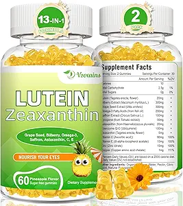 Lutein 20 mg con Zeaxanthin Gummies, Lutein e Zeaxanthin Supplementi con le vitamine dell'occhio C, E, Bilberry for Eye Health - 120Cts
