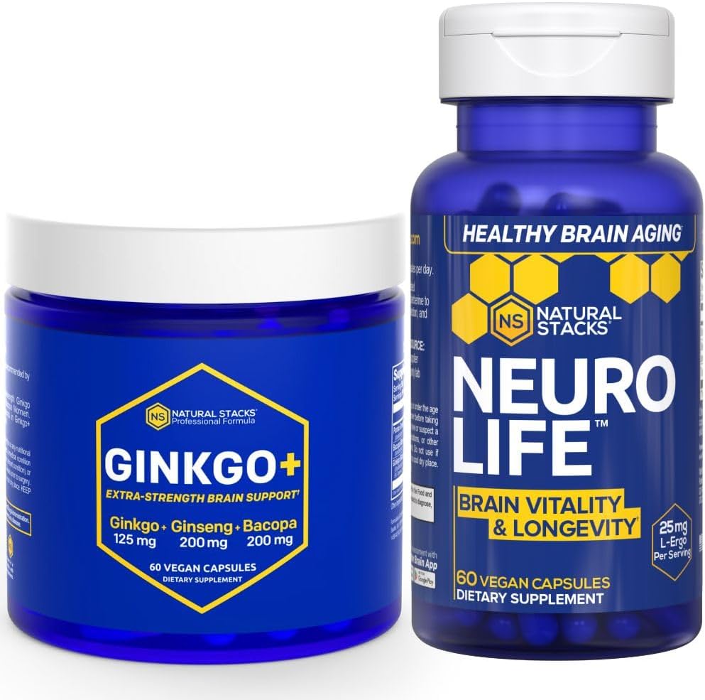 NATURAL STACKS Ginkgo Biloba + NeuroLife Supplemento Bundle - Supporta Performance Mentale & Brain Longevità* - 120 Capsule Totali