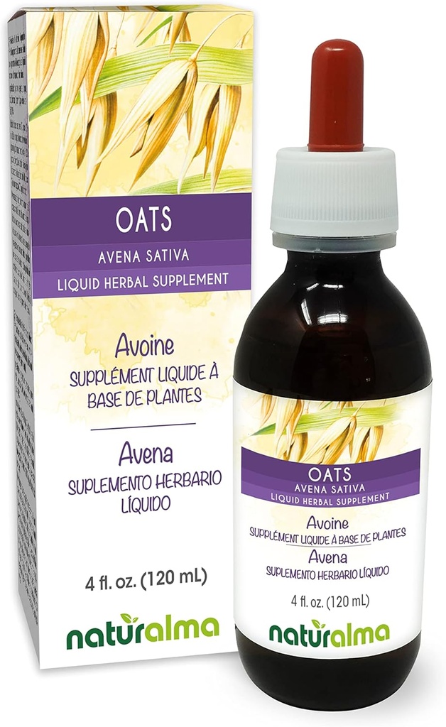 Naturalma Oats (Avena Sativa) Tops Alcohol-Free Tincture - 4 fl oz Liquid Extract in Drops - Integratore di erbe - Vegan