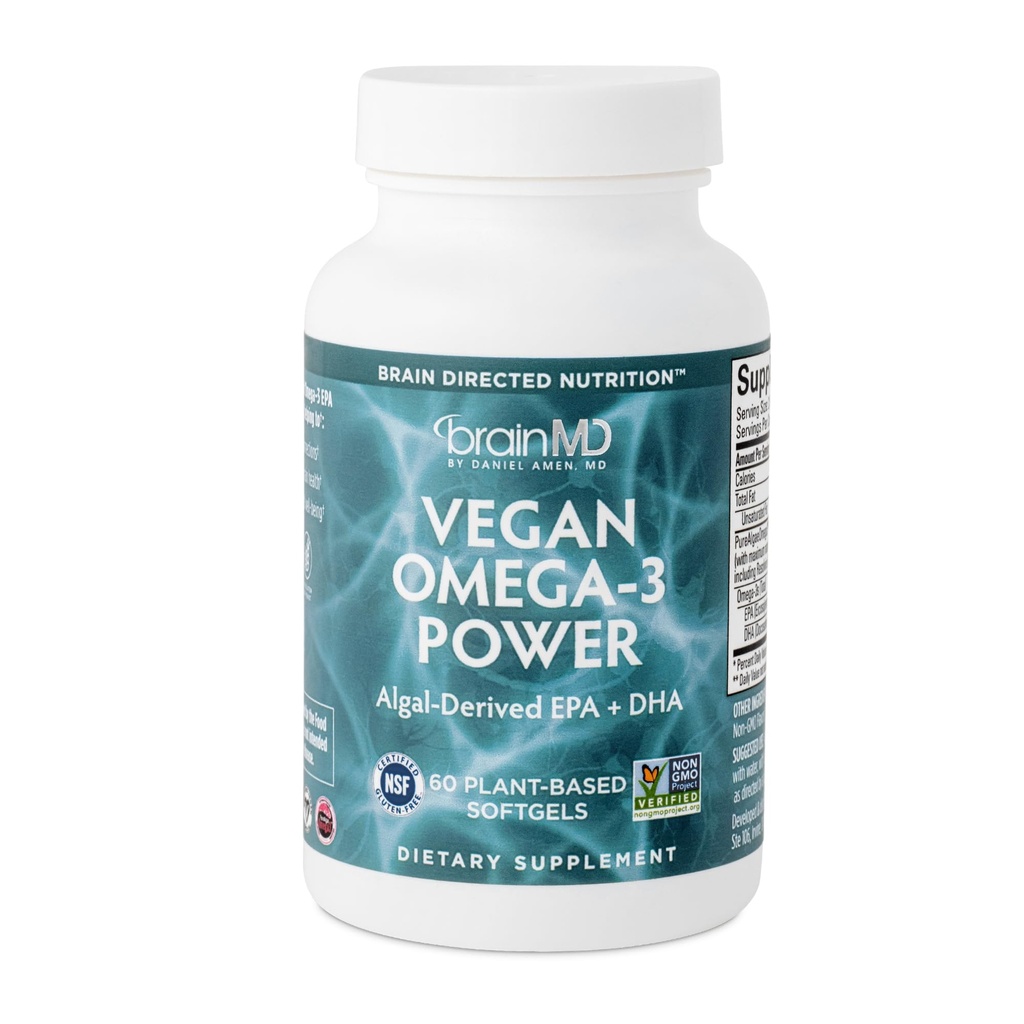 BRAINMD Dr Amen Vegan Omega-3 Power - 60 softgels à base de plantes - 1 100 mg d'EPA & DHA - Soutient la concentration, la mémoire et la santé cardiaque - Vegan, sans gluten et non-OGM - 30 portions