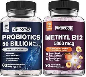 Vitamina B12 e Probiotici 50 miliardi di Bundle, Methylcobalamin 5000mcg per la produzione di energia, con prebiotici organici, supporto digestivo e immunitario, B12 Tablets 90 ct & Probiotics Capsule 60ct
