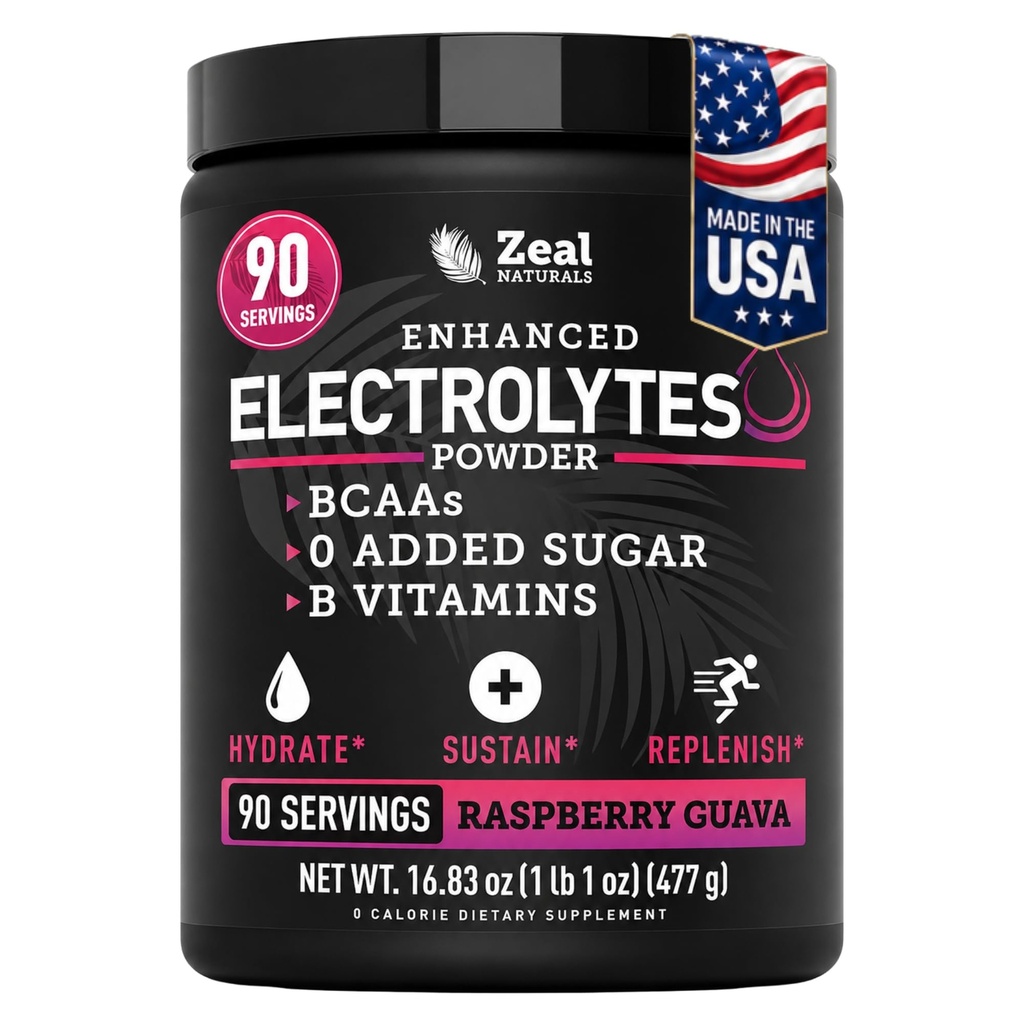 Zeal Naturals Elektrolyt Pulver Erholungsgetränk (90 Servierungen | Raspberry Guava) w 0 Zucker + BCAAs +B-Vitamine Elektrolyt Ergänzung mit Kalium Zink & Magnesium für Hydration - Keto Elektrolyte