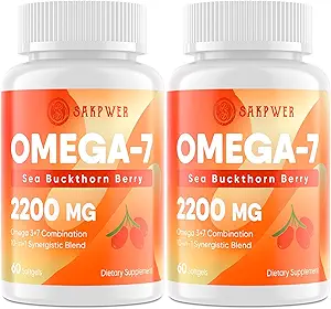 Omega-7 Huile de Buckthorn de mer - avec Omega-3 EPA/DHA Huile de poisson, Cinnamomum, Fenugreek, ALA, Thé vert, Cayenne Pepper, Turmeric, Resvératrol, Black Pepper - Sans gluten, 2Pack