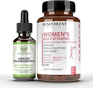 Benevolent Chlorophyll Liquid Drops & Women's Multivitamin - 100% natürliche + 4X Potenzkonzentration für gesunde Haut und innere Deodorant - Tägliche Vitamine für Frauen mit Biotin, Calcium, Magnesium