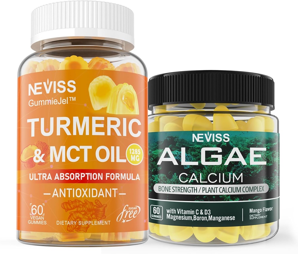 NEVISS Sugar Free Turmeric Curcumin Gummis + Marine Algae Calcium Supplement 600mg, hohe Absorption, Vegan