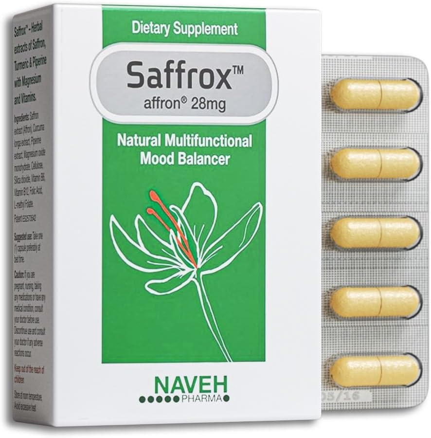 NAVEH PHARMA Saffrox - Mood Support Saffron Supplement. 28mg Saffron Extract. Verbessern Sie Wohlbefinden, steigern Sie Energie. Natürlich und sicher, Non-GMO, chemisch-frei, vegan freundlich. 1 Monat Versorgung (30 Caps)