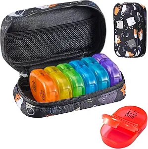 Serfeymi Organizzatore di viaggio settimanale 2 volte al giorno AM Aggiornato Rainbow Pill Box 7 giorno con la custodia portatile della pellame della tela della cerniera, organizzatore di medicina per le pillole, vitamine, oli di pesce - nero 02