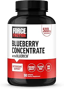 FACTEUR DE FORCE Supplément concentré antioxydants aux bleuets avec supplément extrait BlueRich Blueberry, Récupérateur radical gratuit pour la santé quotidienne, sans gluten, sans OGM, 90 softgels