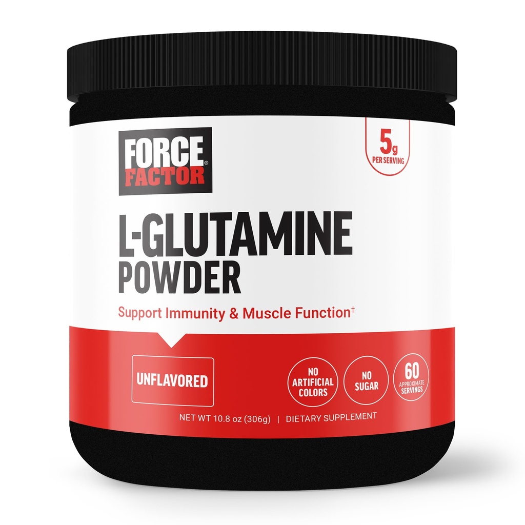 FORCE FACTOR polvere di L-Glutamina per il recupero post allenamento, recupero del muscolo, funzione muscolare sana, e l'immunità, 5000mg/5g Integratore di Glutamina, Vegan, Non OGM, 60 Serve